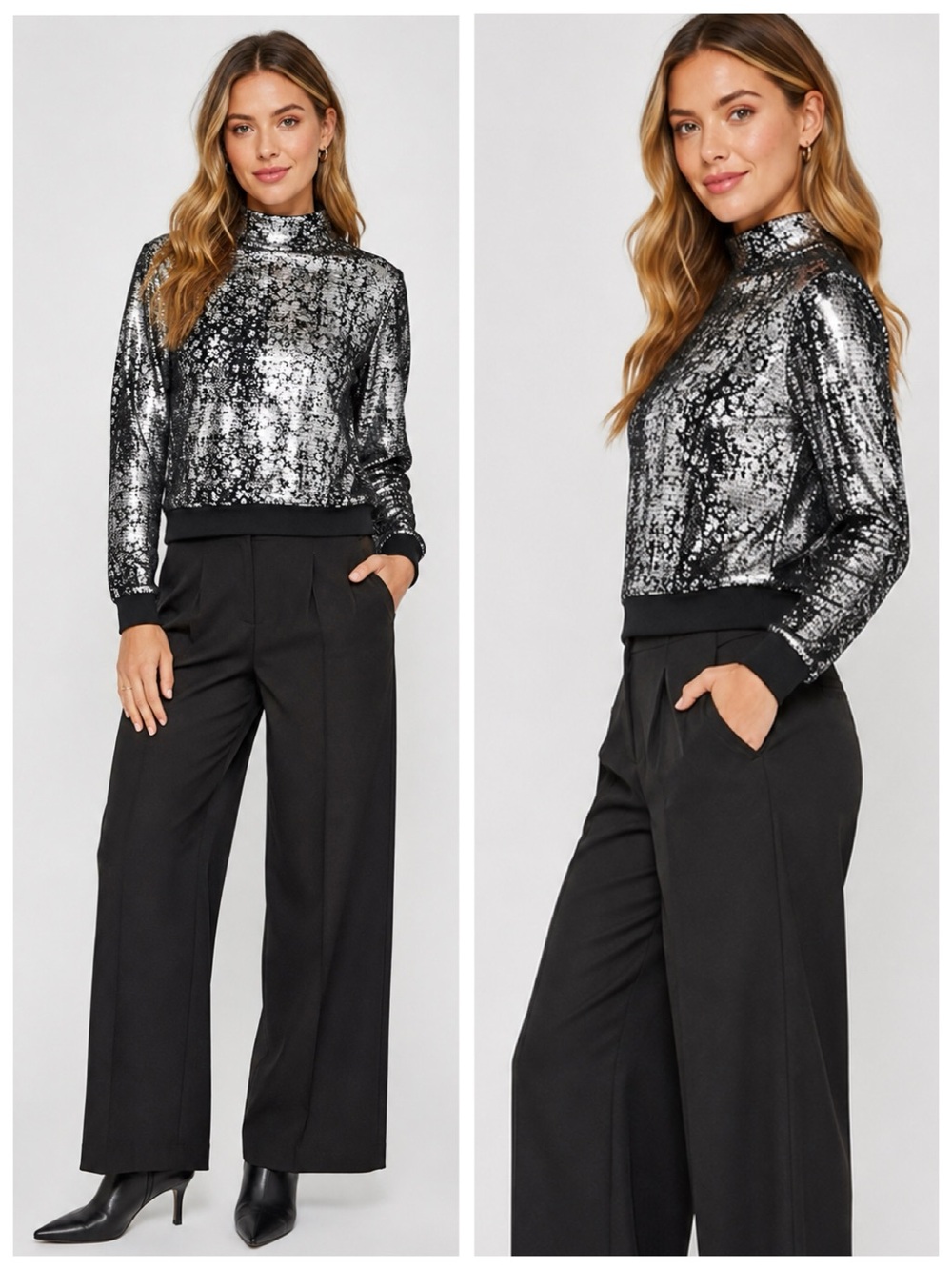 NUMPH Peggy Mock Neck Pullover Silver Metallic Knit Black Ribbed Jacket, sz. M